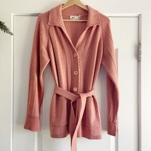 Vintage 70s Duet Button Front-tie Waist Cardigan Mauvey Pink - L